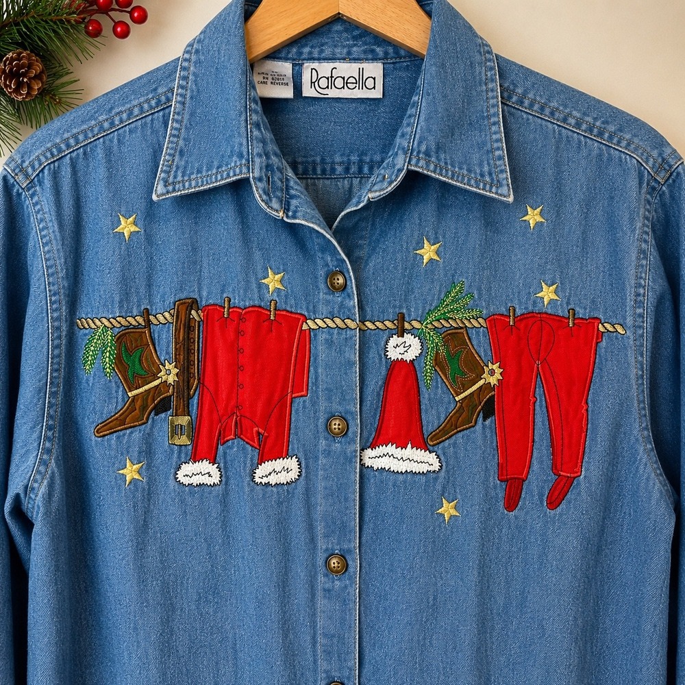 Rafaella Vintage Christmas‎ Western Denim Shirt Embroidered Cowboy Boots Small